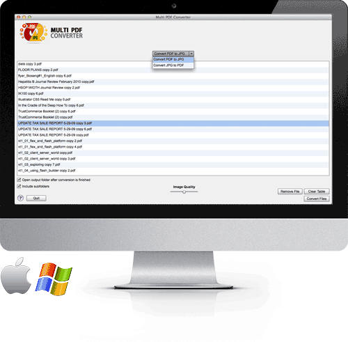 Multi PDF Converter on macOS — file list loaded with PDFs ready for batch JPG conversion, with the Convert PDF to JPG dropdown selected