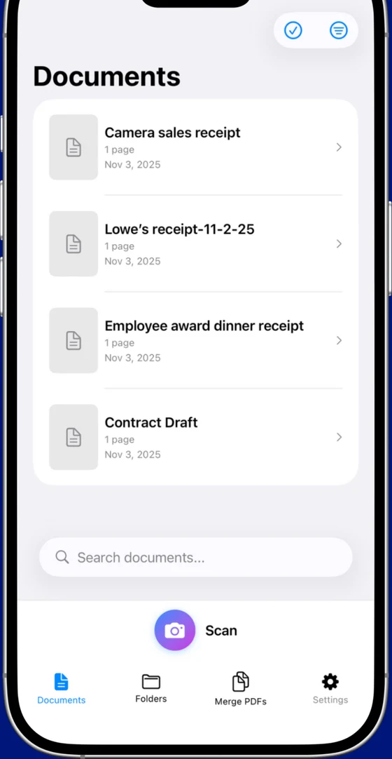 Scaniva Documents library on iPhone showing recently scanned receipts and a Scan button